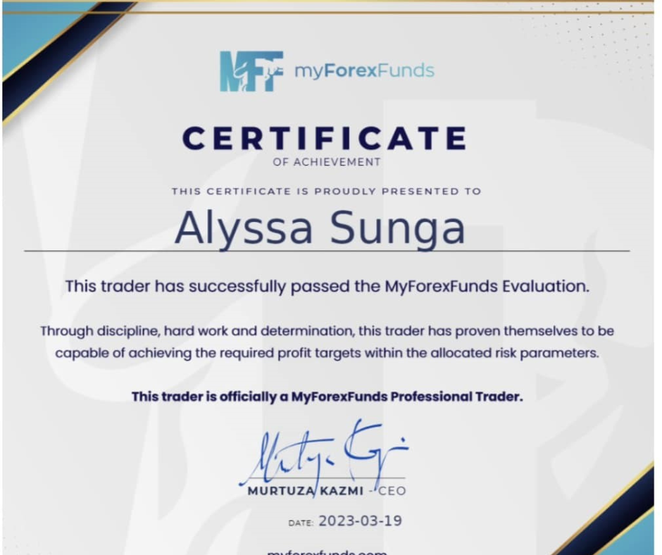 Certificate from MyForexFunds for Coach Aly